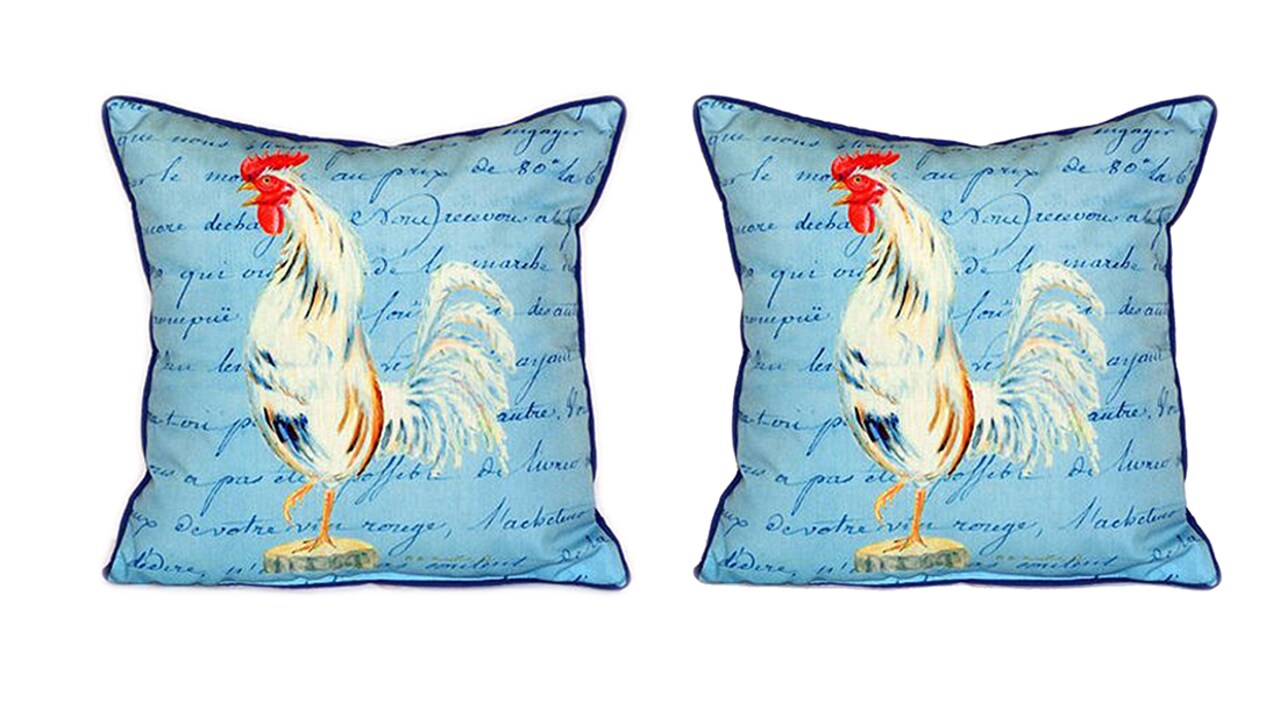 Pair of Betsy Drake White Rooster Script Large Indoor/Outdoor Pillows 18x18